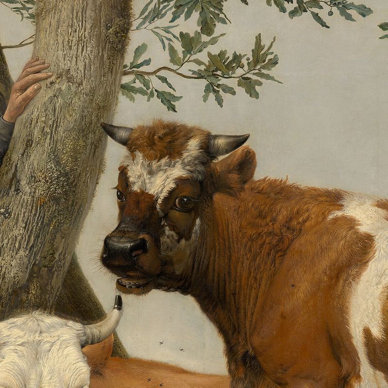 a detail of paulus potter's the bull, 1647: the bull's head against a dutch sky